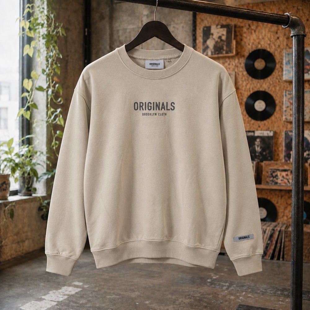 Brooklyn Cloth Originals Mens Tan Fleece Graphic Crewneck Sweatshirt L
